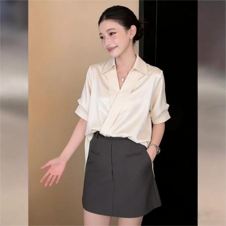 BY16596# 法式翻领短袖衬衫上衣女夏季高级感气质通勤宽松衬衣  服裝批發女裝批發服飾貨源