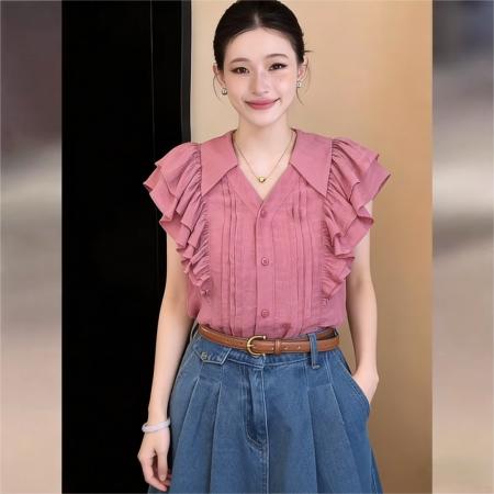 BY16597# 法式复古飞飞袖衬衫上衣夏季高级感气质百搭休闲衬衣  服裝批發女裝批發服飾貨源
