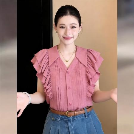 BY16597# 法式复古飞飞袖衬衫上衣夏季高级感气质百搭休闲衬衣  服裝批發女裝批發服飾貨源