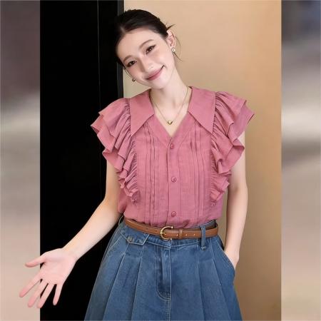 BY16597# 法式复古飞飞袖衬衫上衣夏季高级感气质百搭休闲衬衣  服裝批發女裝批發服飾貨源