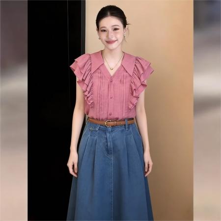 BY16597# 法式复古飞飞袖衬衫上衣夏季高级感气质百搭休闲衬衣  服裝批發女裝批發服飾貨源