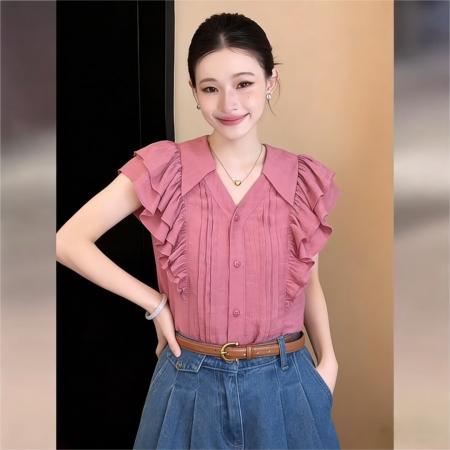 BY16597# 法式复古飞飞袖衬衫上衣夏季高级感气质百搭休闲衬衣  服裝批發女裝批發服飾貨源
