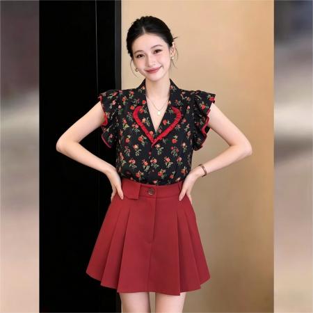 BY16598# 法式复古玫瑰印花西装领设计感飞飞袖衬衫女夏凉感上衣  服裝批發女裝批發服飾貨源