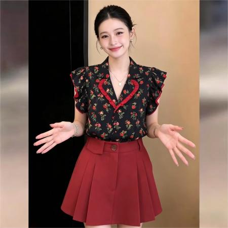 BY16598# 法式复古玫瑰印花西装领设计感飞飞袖衬衫女夏凉感上衣  服裝批發女裝批發服飾貨源