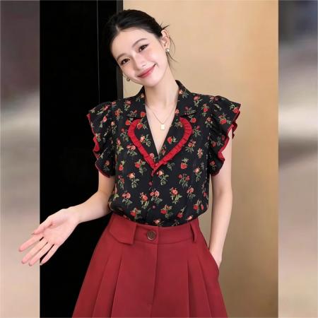 BY16598# 法式复古玫瑰印花西装领设计感飞飞袖衬衫女夏凉感上衣  服裝批發女裝批發服飾貨源