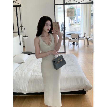 法式优雅花边拼接针织连衣裙新款修身显瘦温柔气质包臀长  服裝批發女裝批發服飾貨源