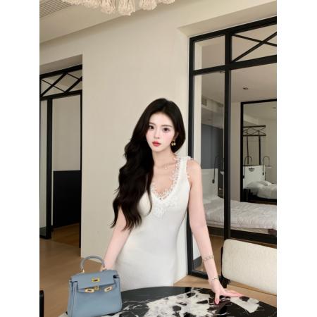 BY16601# 法式优雅花边拼接针织连衣裙新款修身显瘦温柔气质包臀长  服裝批發女裝批發服飾貨源