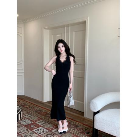 BY16601# 法式优雅花边拼接针织连衣裙新款修身显瘦温柔气质包臀长  服裝批發女裝批發服飾貨源