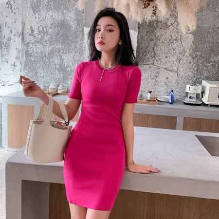 韩版圆领短袖百搭性感修身包臀显瘦中长针织连衣裙  服裝批發女裝批發服飾貨源