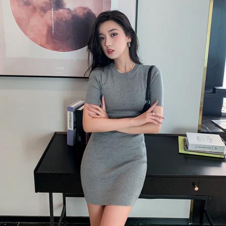 BY16606# 韩版圆领短袖百搭性感修身包臀显瘦中长针织连衣裙  服裝批發女裝批發服飾貨源