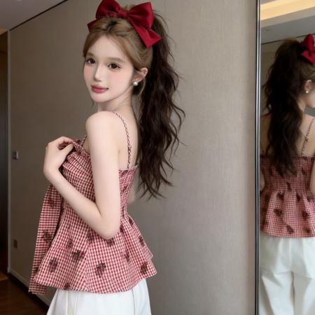 BY16609# 纯欲甜美复古红色印花短款格纹蝴蝶结法式吊带背心上衣女  服裝批發女裝批發服飾貨源