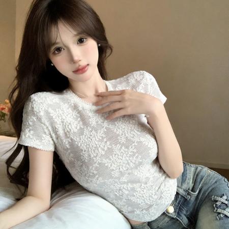 BY16610# 韩系纯欲风绝美单穿蕾丝短袖短款T恤女夏气质百搭上衣  服裝批發女裝批發服飾貨源