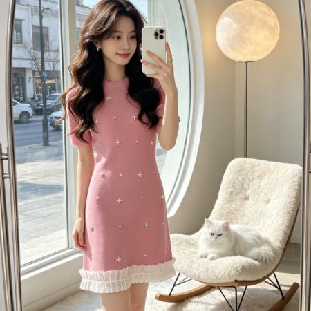 夏装新款冰丝针织连衣裙拼接韩版订珠高级感收腰连衣裙女  服裝批發女裝批發服飾貨源