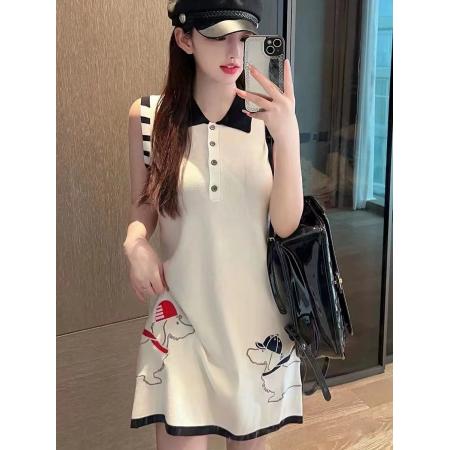撞色刺绣小狗针织无袖连衣裙女休闲夏季新款POLO领无袖背心裙  服裝批發女裝批發服飾貨源