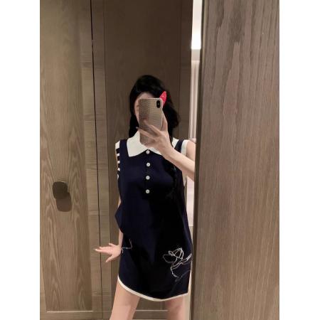 BY16612# 撞色刺绣小狗针织无袖连衣裙女休闲夏季新款POLO领无袖背心裙  服裝批發女裝批發服飾貨源