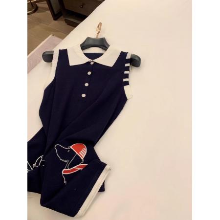 BY16612# 撞色刺绣小狗针织无袖连衣裙女休闲夏季新款POLO领无袖背心裙  服裝批發女裝批發服飾貨源