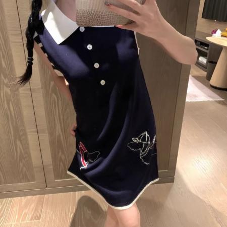 BY16612# 撞色刺绣小狗针织无袖连衣裙女休闲夏季新款POLO领无袖背心裙  服裝批發女裝批發服飾貨源