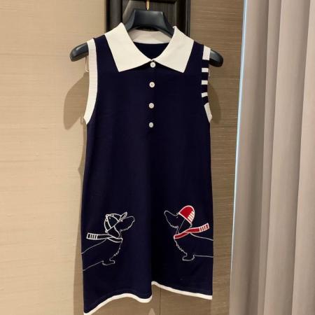 BY16612# 撞色刺绣小狗针织无袖连衣裙女休闲夏季新款POLO领无袖背心裙  服裝批發女裝批發服飾貨源