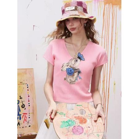 BY16613# 妖精的口袋时髦野心家贴布绣v领短袖针织衫女夏修身显瘦上衣  服裝批發女裝批發服飾貨源