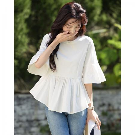 BY16614# 夏季轻熟风设计感拼接五分袖宽松遮肉小个子女式t恤  服裝批發女裝批發服飾貨源