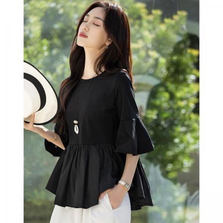 BY16614# 夏季轻熟风设计感拼接五分袖宽松遮肉小个子女式t恤  服裝批發女裝批發服飾貨源