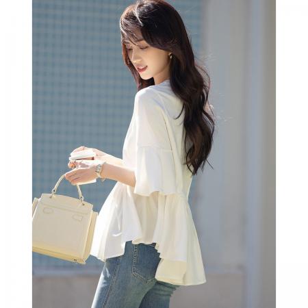 BY16614# 夏季轻熟风设计感拼接五分袖宽松遮肉小个子女式t恤  服裝批發女裝批發服飾貨源