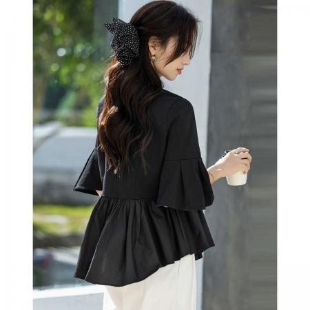 BY16614# 夏季轻熟风设计感拼接五分袖宽松遮肉小个子女式t恤  服裝批發女裝批發服飾貨源