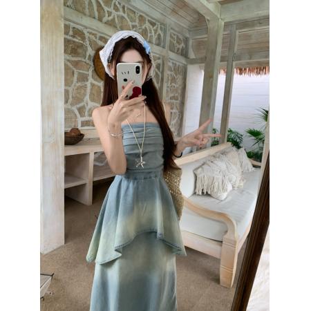 BY16616# 夏季韩版渐变抹胸牛仔薄款气质显瘦礼服连衣裙长裙  服裝批發女裝批發服飾貨源
