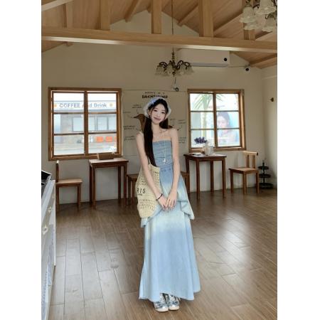 BY16616# 夏季韩版渐变抹胸牛仔薄款气质显瘦礼服连衣裙长裙  服裝批發女裝批發服飾貨源