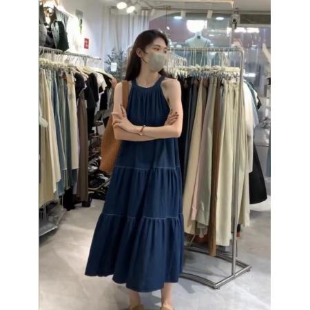 BY16617# 法式露肩挂脖连衣裙夏季新款宽松中长款高级感深蓝色牛仔裙子  服裝批發女裝批發服飾貨源