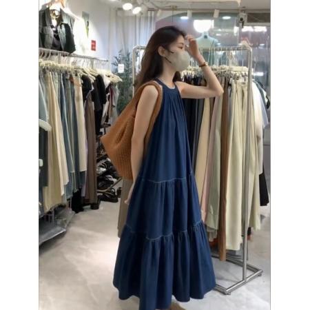 BY16617# 法式露肩挂脖连衣裙夏季新款宽松中长款高级感深蓝色牛仔裙子  服裝批發女裝批發服飾貨源