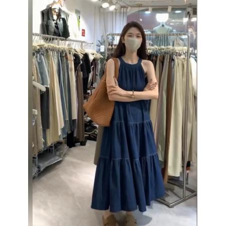 BY16617# 法式露肩挂脖连衣裙夏季新款宽松中长款高级感深蓝色牛仔裙子  服裝批發女裝批發服飾貨源