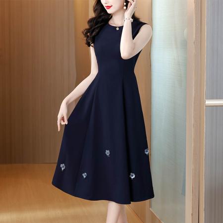 优雅商务深蓝大摆连衣裙女早春精致立体花无袖中长裙子  服裝批發女裝批發服飾貨源