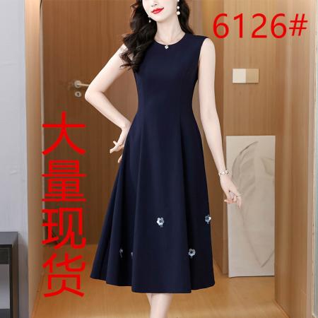 BY16619# 优雅商务深蓝大摆连衣裙女早春精致立体花无袖中长裙子  服裝批發女裝批發服飾貨源