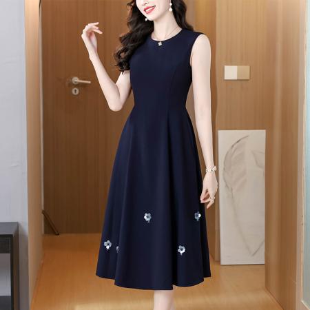 BY16619# 优雅商务深蓝大摆连衣裙女早春精致立体花无袖中长裙子  服裝批發女裝批發服飾貨源