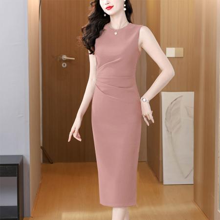 轻熟气质风收腰无袖连衣裙女春季深蓝侧开叉包臀中长裙  服裝批發女裝批發服飾貨源