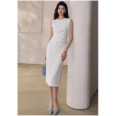 轻熟气质风收腰无袖连衣裙女春季深蓝侧开叉包臀中长裙  服裝批發女裝批發服飾貨源