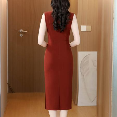 轻熟气质风收腰无袖连衣裙女春季深蓝侧开叉包臀中长裙  服裝批發女裝批發服飾貨源