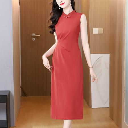 国风褶皱收腰连衣裙女夏新中式立领修身旗袍裙  服裝批發女裝批發服飾貨源