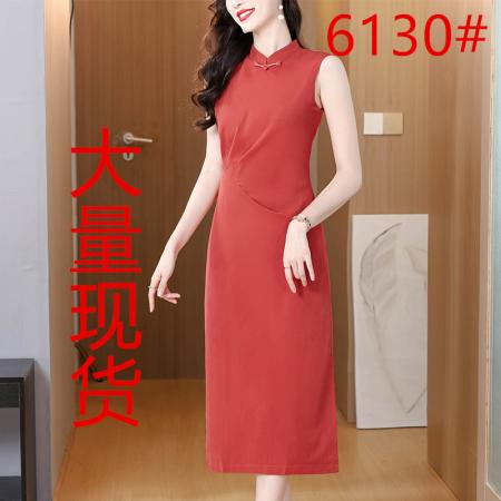 BY16622# 国风褶皱收腰连衣裙女夏新中式立领修身旗袍裙  服裝批發女裝批發服飾貨源