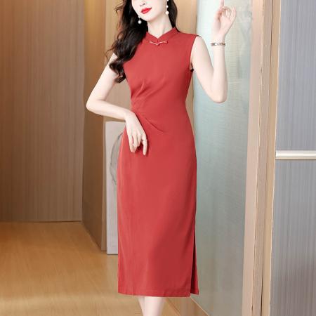 BY16622# 国风褶皱收腰连衣裙女夏新中式立领修身旗袍裙  服裝批發女裝批發服飾貨源