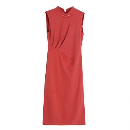 BY16622# 国风褶皱收腰连衣裙女夏新中式立领修身旗袍裙  服裝批發女裝批發服飾貨源