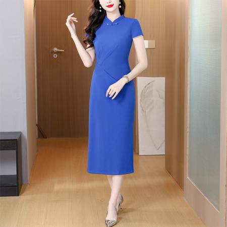 BY16624# 国风蓝色褶皱收腰连衣裙女夏新中式立领修身针织旗袍裙  服裝批發女裝批發服飾貨源