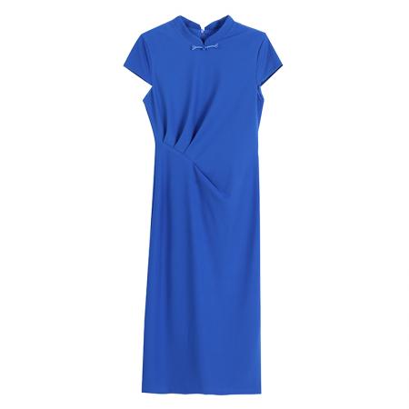 BY16624# 国风蓝色褶皱收腰连衣裙女夏新中式立领修身针织旗袍裙  服裝批發女裝批發服飾貨源