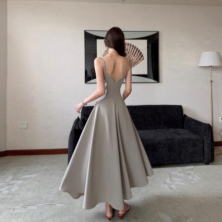 BY16628# 夏季新款大摆裙沥青灰V领无袖吊带连衣裙立体褶收腰长裙  服裝批發女裝批發服飾貨源