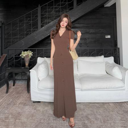 夏季新款气质连衣裙设计感小花时尚V领短袖长裙  服裝批發女裝批發服飾貨源