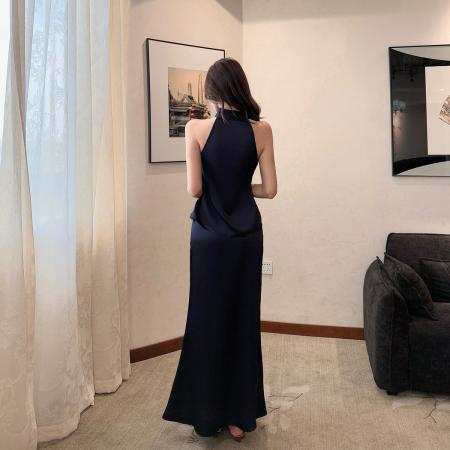 BY16632# 蓝鸢尾缎面挂脖圆领无袖上衣高腰包臀垂感半裙两件套装  服裝批發女裝批發服飾貨源