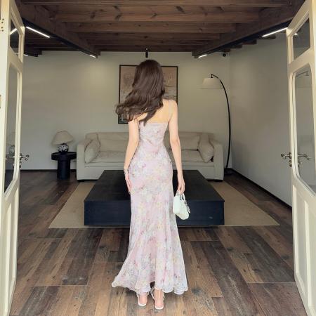 BY16633# 春雾花漾新中式荡领花料吊带鱼尾连衣裙女气质长裙  服裝批發女裝批發服飾貨源