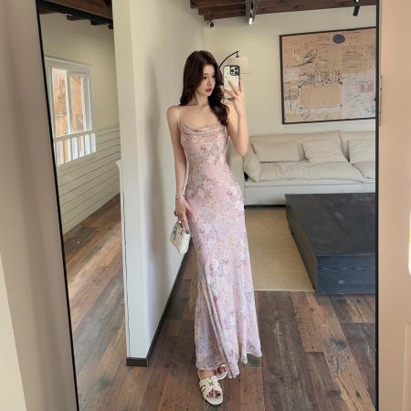 BY16633# 春雾花漾新中式荡领花料吊带鱼尾连衣裙女气质长裙  服裝批發女裝批發服飾貨源