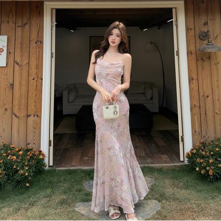 BY16633# 春雾花漾新中式荡领花料吊带鱼尾连衣裙女气质长裙  服裝批發女裝批發服飾貨源